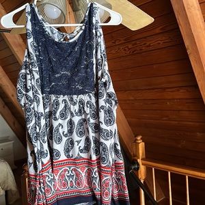 Tank multi navy, white, red, lace inset at neck paisley border on bottom